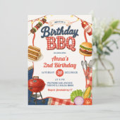 Gingham Denim Kinderverjaardag BBQ-feest Kaart (Staand voorkant)