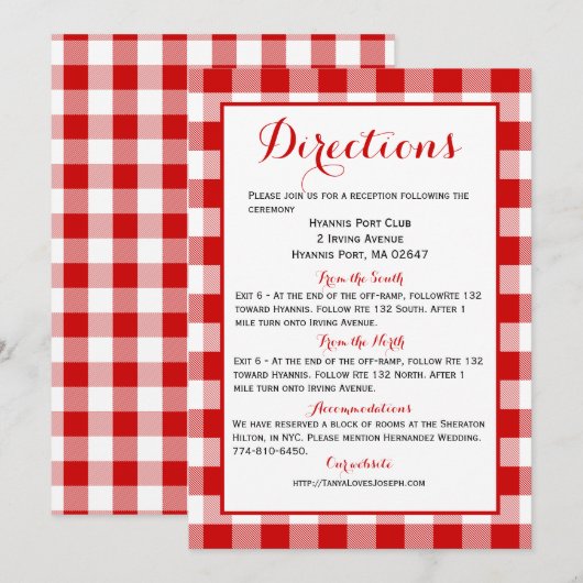Gingham Directies - Rood witje bruiloft Kaart (Voorkant / Achterkant)