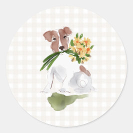 Gingham Dog Flowers Waterverf Art Sweet Ronde Sticker