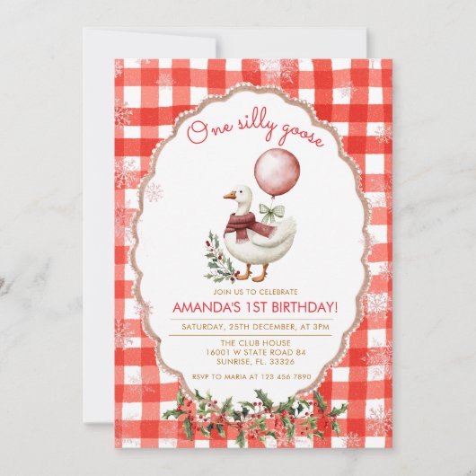 Gingham Dwaze Gans 1e Verjaardag Winter Kerstmis  Kaart (Voorkant)