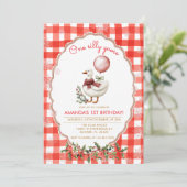 Gingham Dwaze Gans 1e Verjaardag Winter Kerstmis  Kaart (Staand voorkant)