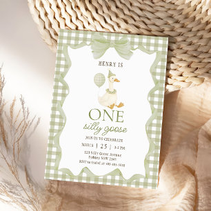 Gingham Eén Domme Gans 1e Verjaardagsuitnodiging Kaart