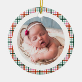 Gingham Eerste Kerstmis Geboorte Stats Baby Foto Keramisch Ornament