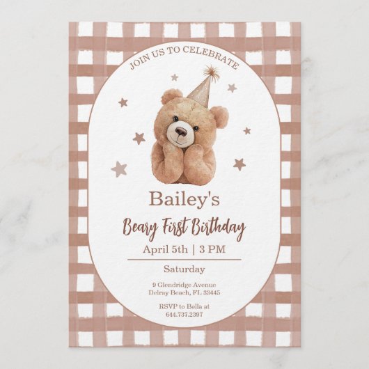 Gingham eerste verjaardag Beary Kaart (Voorkant)
