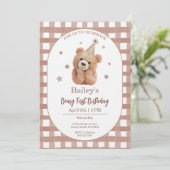 Gingham eerste verjaardag Beary Kaart (Staand voorkant)