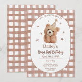 Gingham eerste verjaardag Beary Kaart (Voorkant / Achterkant)