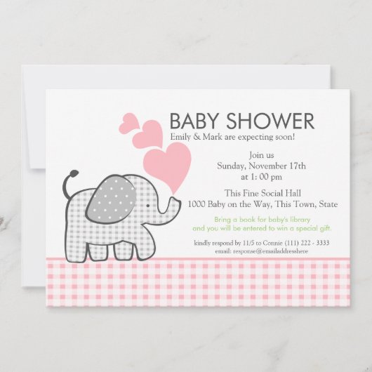Gingham Elephant Pink Baby shower Kaart (Voorkant)
