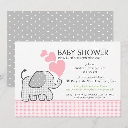 Gingham Elephant Pink Baby shower Kaart (Voorkant / Achterkant)