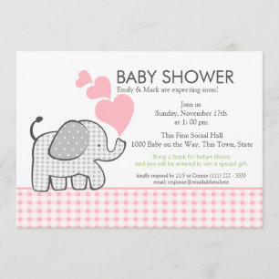 Gingham Elephant Pink Baby shower Kaart