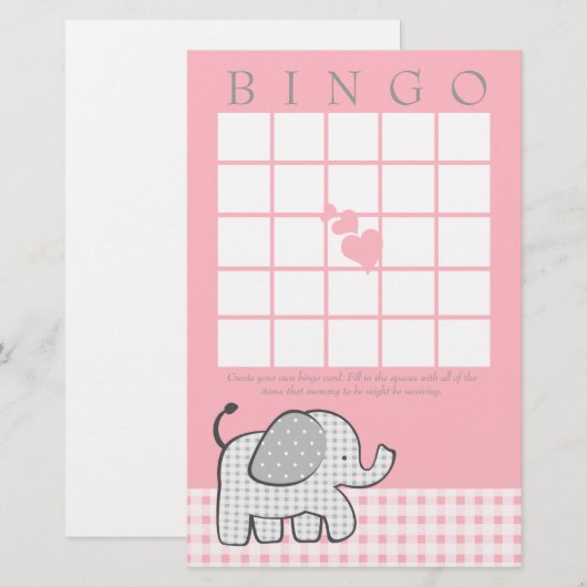 Gingham Elephant Pink Bingo Kaart (Voorkant / Achterkant)