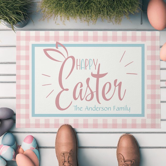 Gingham en Bunny oren gelukkig Pasen gepersonalise Deurmat (Gingham And Bunny Ears Happy Easter Personalized Doormat)