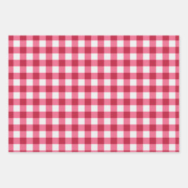 Gingham en massief donkerroze inpakpapier vel
