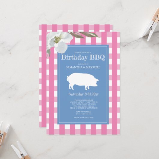 Gingham en Pig Pink Birthday Kaart (Voorkant / Achterkant in situ)