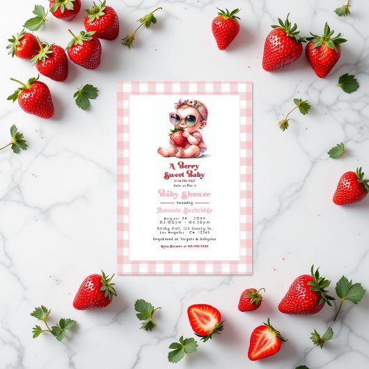 Gingham en Strawberry Berry Sweet Baby shower Kaart