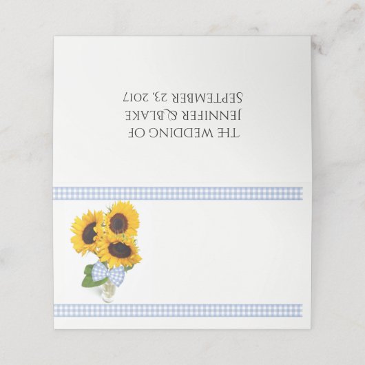 Gingham en Zonnebloemen Trouwgevouwen Place Card Plaatskaartje (Buitenkant ongevouwen)
