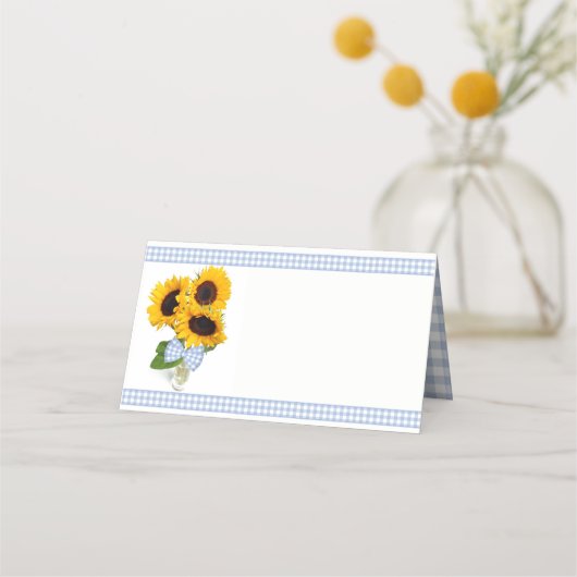 Gingham en Zonnebloemen Trouwgevouwen Place Card Plaatskaartje (Voorkant)