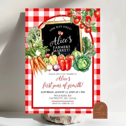 Gingham Farmer's Market Gender First Birthday Kaart