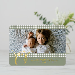 Gingham Farmhouse Green Christmas Family Photo Folie Feestdagenkaart
