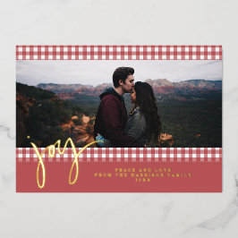 Gingham Farmhouse Red Christmas Family Photo Folie Feestdagenkaart