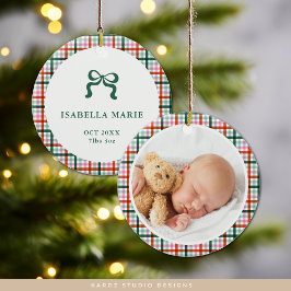 Gingham First Christmas Birth Stats Baby Photo Keramisch Ornament