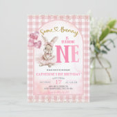 Gingham Floral Ballerina Bunny First Birthday Kaart (Staand voorkant)