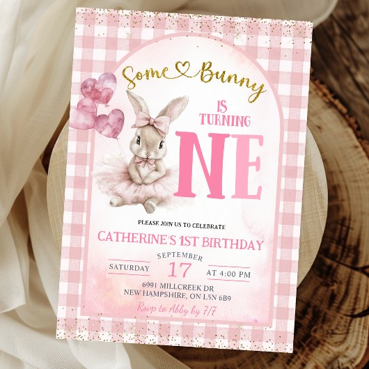 Gingham Floral Ballerina Bunny First Birthday Kaart