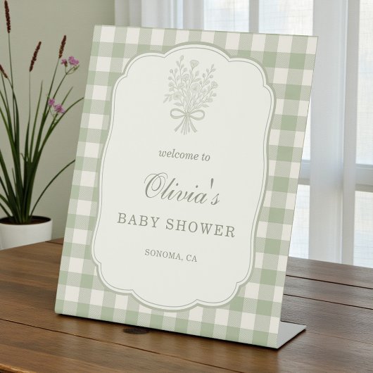 Gingham Floral Bow Baby Shower Welcome Sign Reclamebord Met Voetstuk