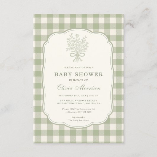 Gingham Floral Bow QR Code All in One Baby Shower Kaart (Voorkant)