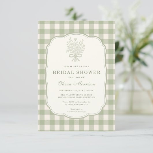 Gingham Floral Bow Sage Green Bridal Shower Kaart (Staand voorkant)
