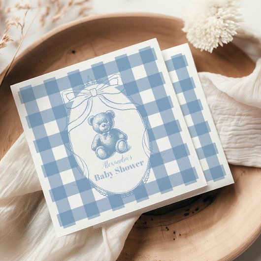 Gingham Franse Teddydbeer Baby Shower Servet