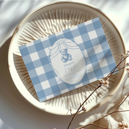 Gingham Franse Teddydbeer Luier Raffle Informatiekaartje