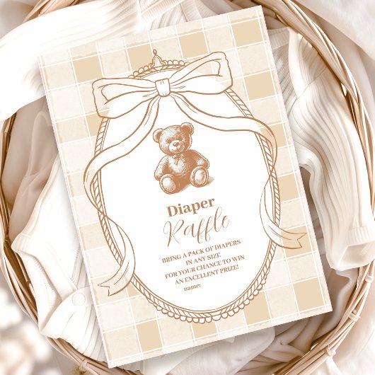 Gingham Franse Teddydbeer Luiers Raffle Informatiekaartje