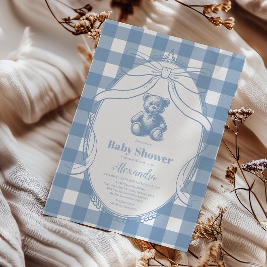 Gingham French Teddy Bear-Baby shower Kaart