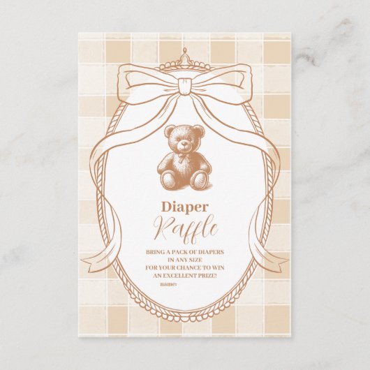 Gingham French Teddy Bear Diapper Raffle Informatiekaartje (Voorkant)