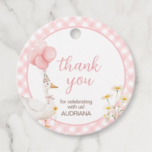 Gingham Gekke Goose Verjaardag Party Ronde Bedankjes Labels (Voorkant)