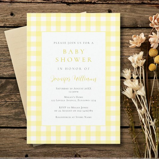 Gingham gele baby shower uitnodiging