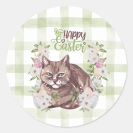 Gingham Gelukkig Pasen Kat Ronde Sticker