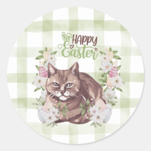 Gingham Gelukkig Pasen Kat Ronde Sticker
