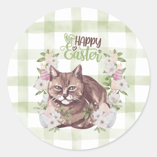 Gingham Gelukkig Pasen Kat Ronde Sticker (Voorkant)