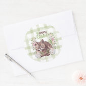 Gingham Gelukkig Pasen Kat Ronde Sticker (Envelop)