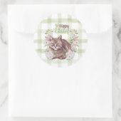 Gingham Gelukkig Pasen Kat Ronde Sticker (Tas)