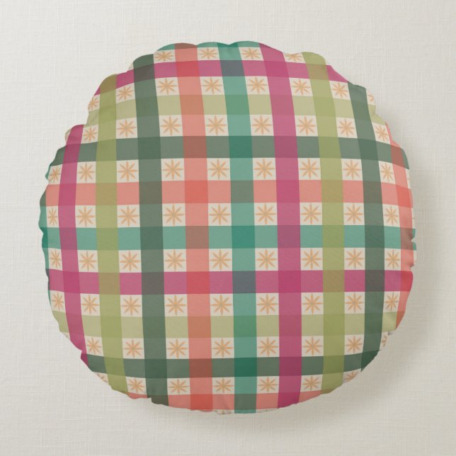 Gingham & geometrisch bloemenpatroon ronde kussen  (Voorkant)