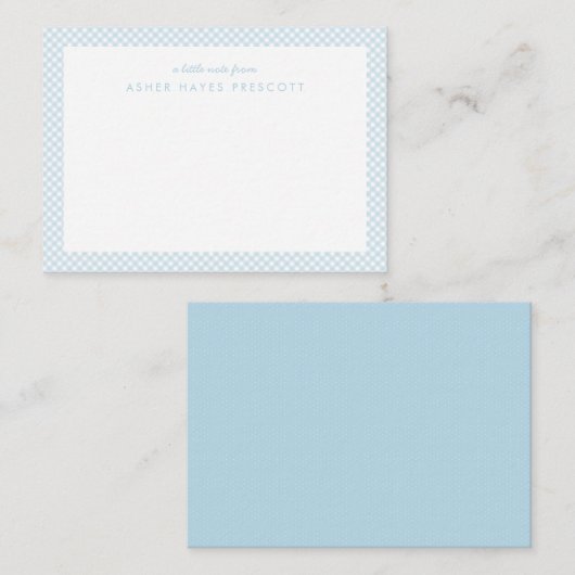 Gingham gepersonaliseerd kinderblauw notitiekaartje (Voorkant / Achterkant)