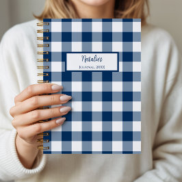 Gingham geruit marineblauw gepersonaliseerd journa notitieboek