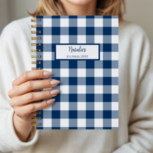 Gingham geruit marineblauw gepersonaliseerd journa notitieboek