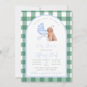 Gingham geruite hond jongen baby shower uitnodigin kaart (Voorkant)