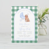Gingham geruite hond jongen baby shower uitnodigin kaart (Staand voorkant)