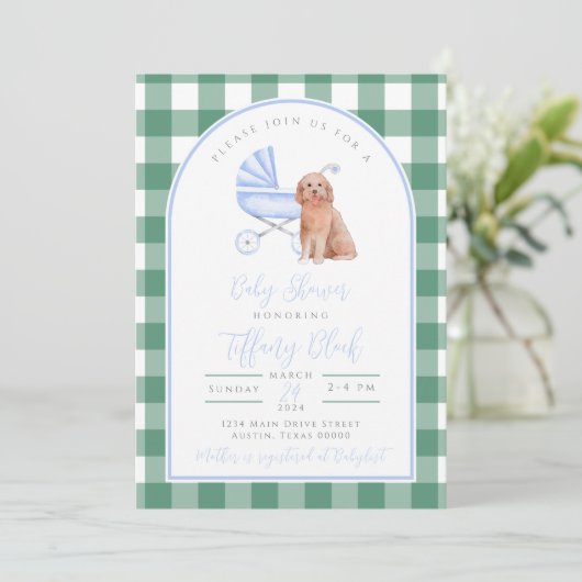 Gingham geruite hond jongen baby shower uitnodigin kaart (Staand voorkant)