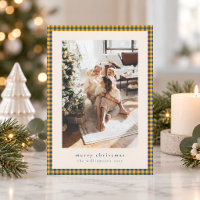 Gingham geruite Navy Blauwe Gele Kerst Foto
