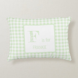 Gingham geruite pastel mintgroene & witte monogram accent kussen